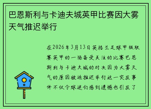 巴恩斯利与卡迪夫城英甲比赛因大雾天气推迟举行